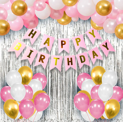 - 34 Pcs Pink Happy Birthday Decoration For Girls|Pink And Golden Balloons(Set of 1)