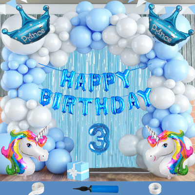 Crazykart Unicorn Prince Crown Theme Third 3rd Birthday Decoration Kit For Boys Party Item(Set of 111)