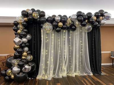 SKYWINS Black, Gold and Silver decoration Kit Combo with White Net Curtain and led Light(Set of 90)