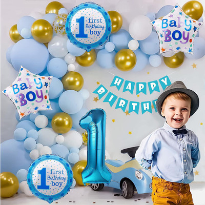 Aoes 1st Birthday Boy Decoration Kit – Blue, White and Gold Balloon Arch with Banner(Set of 37)