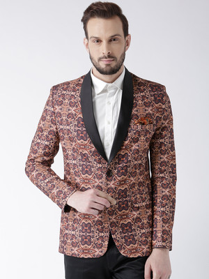 Hangup Printed Tuxedo Style Casual Men Blazer(Multicolor)