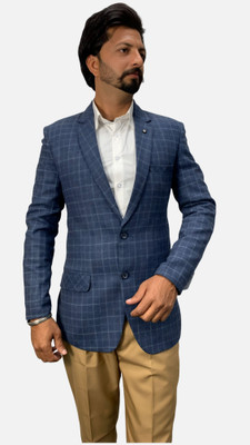 gargian master cut Checkered Single Breasted Wedding Men Blazer(Blue)