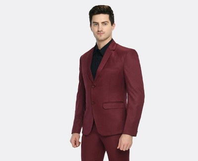 FIVEFEB Solid Single Breasted Formal Men Blazer(Maroon)