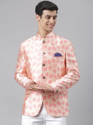 Hangup Floral Print, Self Design Mandarin Party Men Blazer(Pink)