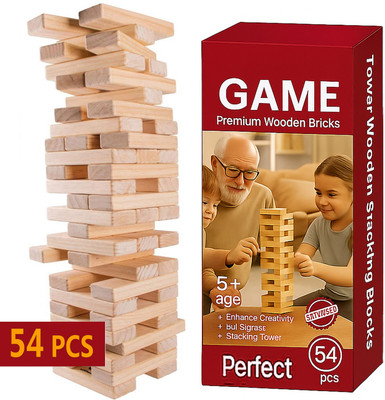 JINGAPLAYME Jenga Puzzle Game | 54-Piece Wooden Tower for Kids & Parties(Brown)