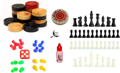 Koel Jumbo Chess Pcs| Wooden Carrom Coin | Sticker Carrom Powder Ludo Token 25mm Dice 10 cm Chess Board(Multicolor)