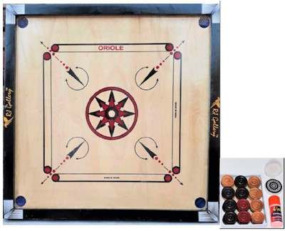 RJ Gallery Large Wooden Carrom Board with 1 set of wooden coins, striker and disco powder 4 cm Carrom Board(Beige)