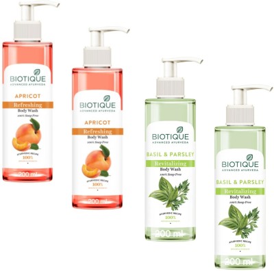 BIOTIQUE Body Wash 200ml - Apricot Refreshing -2pcs & Basil & Parsley -2pcs (Pack of 4)(4 x 200 ml)