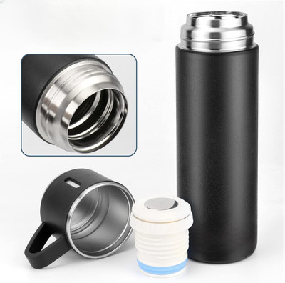 HASRU VACUUM FLASK BOTTLE SET 500 ml Flask 500 ml Bottle With Drinking Glass(Black) 200 ml Flask(Pack of 1, Black, Steel)