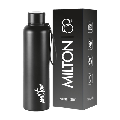MILTON Aura 1000 Thermosteel Water Bottle, ISI Certified, 24 Hr Hot and Cold 1 L Stainless Steel Flask(Pack of 1, Black)