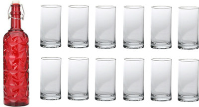 1st Time Beverage Glass Serving Green Bottle:1000 ml Capacity:And 6 Individual 250 ML 1000 ml Bottle With Drinking Glass(Pack of 13, Red, Glass)