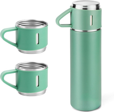 HASRU VACUUM FLASK BOTTLE SET 500 ml Flask 500 ml Bottle With Drinking Glass(Grey) 200 ml Bottle With Drinking Glass(Pack of 1, Grey, Steel)