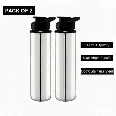 Pack of 2 STEEL WATER BOTTLE 1 LITRE (APPROX) FRIDGE BOTTLE SPORTS GYM OFFICE (SPORT.S) 1000 ml Bottle Steel