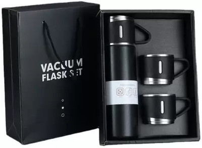 Harikaran Black Vacuum Flask Gift Set - Bottle with 3 Cups 500 ml Flask 400 ml Flask(Pack of 1, Black, Steel)