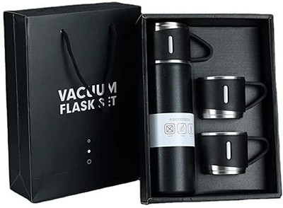 CHG 500 ml Steel Bottle With Drinking Glass(Pack of 3, Black)
