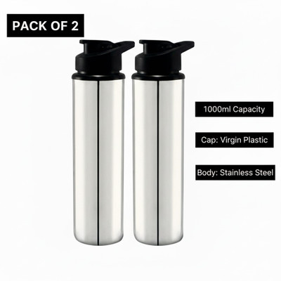 SHALIMAR STEEL Pack of 2 STEEL WATER BOTTLE 1 LITRE (APPROX) FRIDGE BOTTLE SPORTS GYM OFFICE (SPORT.S) 1000 ml Bottle Steel