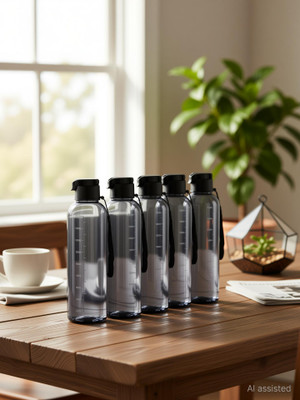 NEKI Pack of 6 STYLISH BOTTLE TRANSPARENT BLACK COLOR WITH SPORTY CAP FOR EVERYDAY USE 1000 ml Bottle Plastic