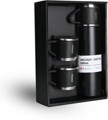 Madan Vacuum Flask Gift Set Bottle with 3 Cups 500 ml Flask (Pack of 1, Black) 500 ml Flask(Pack of 1, Black, Steel)