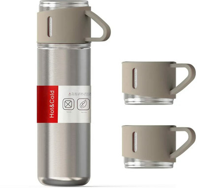 Sedoka Vacuum Insulated Bottle Water Flask Gift Set with Two Cups 500 ml Flask(Pack of 2, Beige, Steel)