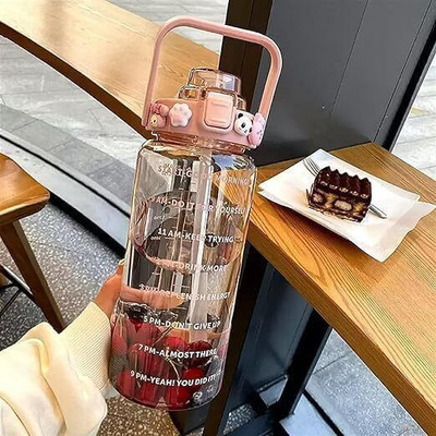 ThirstJoy Pack of 1 (2 L) Capacity Belt Straw Transparent Motivational with Time Marker Leak proof 2000 ml Sipper Plastic