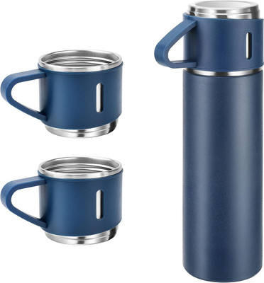 HASRU VACUUM FLASK BOTTLE SET 500 ml Flask 500 ml Bottle With Drinking Glass(Blue) 200 ml Flask(Pack of 1, Blue, Steel)