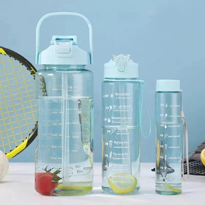 Pack of 3 Transparent Water Bottle 2000ML, 900ML, 300ML with Motivational Time Marker 2000 ml Bottle Plastic
