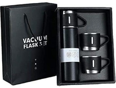 VANSHITA Black Vacuum Flask Gift Set for Hot & Cold Drink BPA Free Bottle with 3 Cups V33 500 ml Flask(Pack of 1, Black, Steel/Chrome, Steel)