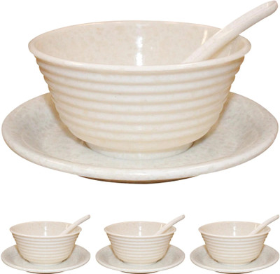 Ariya Melamine Soup Bowl Classic Mrbl Serving Bowl Set with Spoon & Plate for Serving Food(Pack of 4, Off White)