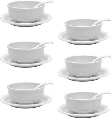 Ariya Melamine Soup Bowl Serving Bowl Set with Spoon & Plate for Serving Food, Microwave Safe(Pack of 6, White)