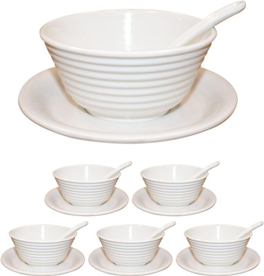 Ariya Melamine Soup Bowl White Color Bowl Set with Spoon & Plate for Serving Food, Microwave Safe(Pack of 6, White)