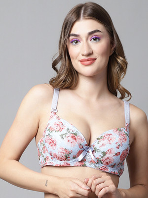 Quttos Quttos Beautiful Floral Print Lighty Padded T-Shirt Bra Women T-Shirt Lightly Padded Bra(Light Blue)