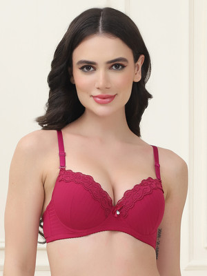 PrettyCat PrettyCat Lightly Padded Trim Lace Underwire Bra Women T-Shirt Lightly Padded Bra(Maroon)