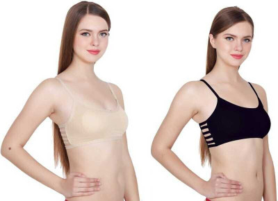 BRATON Women Bralette Lightly Padded Bra(Beige, Black)