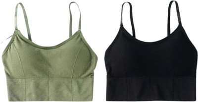 zoxen Women Cami Bra Lightly Padded Bra(Green, Black)
