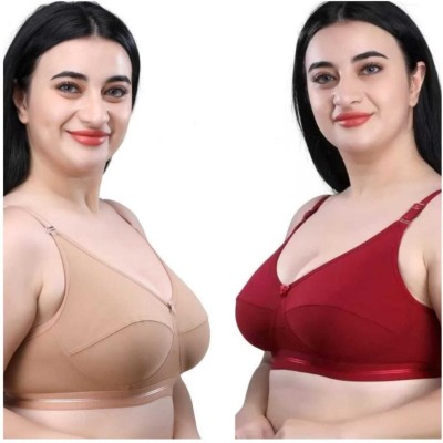 Plus Size D Cup Full Coverage Stretchable Bra for Heavy Bust Women Pack Of 2 Women Full Coverage Non Padded Bra(Beige, Maroon)