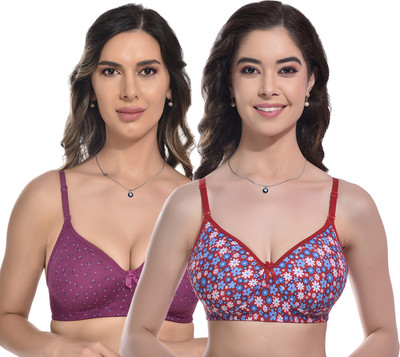 FIMS Women Cotton Blend Bra Floral Print Padded Pack of 2 Purple Red Women Everyday Lightly Padded Bra(Purple, Red)