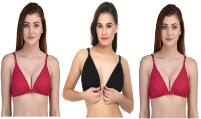 Zourt Stylish B Cup Front Open Bra Set of 3 Women Plunge Non Padded Bra(Pink, Black, Pink)