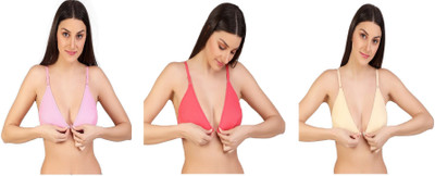 Zourt Stylish B Cup Front Open Bra Set of 3 Women Plunge Non Padded Bra(Pink, Beige, Orange)
