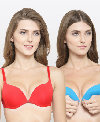 PrivateLifes PrettyCat Multiway Front Open Pushup Bra. Women Push-up Heavily Padded Bra(Light Blue, Red)
