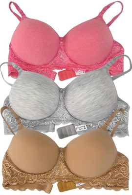 skinbeauty Women's Cotton Padded Laces Full Coverage Bra with Adjustable Straps Pack of 3 Women T-Shirt Lightly Padded Bra(Grey, Pink, Beige)