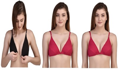 Desiprime Stylish B Cup Front Open Bra Set of 3 Women Plunge Non Padded Bra(Black, Pink, Pink)