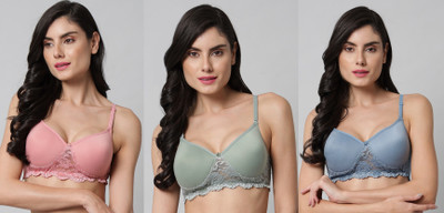 CALCADOS Combo Pack of 3 Women Push-up Lightly Padded Bra(Green, Pink, Blue)