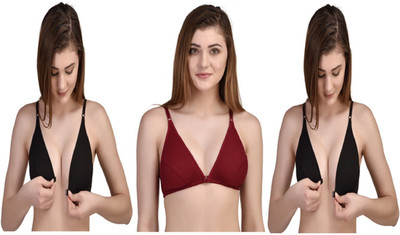 Desiprime Stylish B Cup Front Open Bra Set of 3 Women Plunge Non Padded Bra(Maroon, Black)