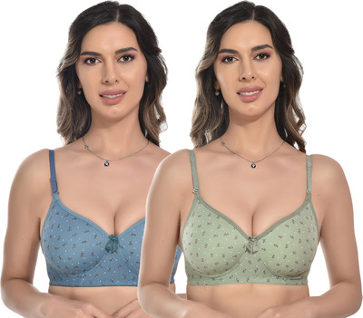 StyFun Women Cotton Blend Bra Floral Padded Pack of 2 Combo Cup- B Blue Green Women Full Coverage Lightly Padded Bra(Light Blue, Green)