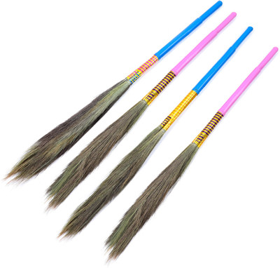 kiran Brooms for Home & Kitchen Floor with Soft Natural Grass Long Handle Grass Dry Broom(Multicolor, 4 Units)