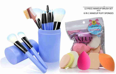 Jus’Be U Professional 12 Piece Makeup Brush Set With Box + Soft 6 in 1 Makeup Sponge Pack(Pack of 18)