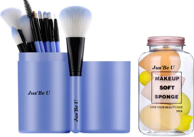 Jus’Be U 12 Pieces Face & Eye Makeup Brush Set With Box + 7in1 Makeup Sponge set with Jar(Pack of 19)