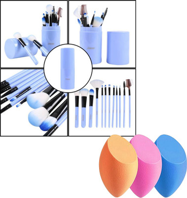 Glowrx 12 professional brushes with case and three soft puffs(Pack of 15)