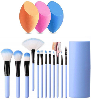 Glowrx 12 makeup brushes with carrying box and 3 blending puffs(Pack of 15)