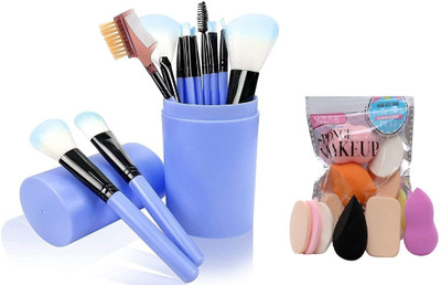 JBZ 12 Piece Face and Eye Makeup Brush With Barrel - Blue 6 in 1 Makeup puff(Pack of 18)
